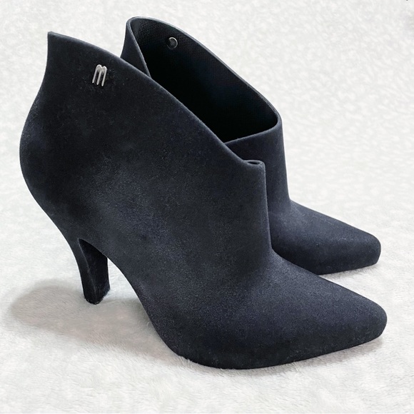 Melissa Black Bootie Drama Flocked Velvet Pointed Toe Heel Ankle Boot Fuzzy - Picture 2 of 12